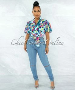 Vendor-unknown Breck Turquoise Multi Print Front Tie Bubble Sleeves Blouse JUST IN