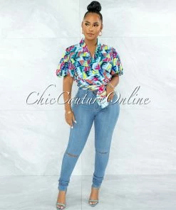 Vendor-unknown Breck Turquoise Multi Print Front Tie Bubble Sleeves Blouse JUST IN