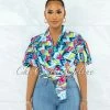 Vendor-unknown Breck Turquoise Multi Print Front Tie Bubble Sleeves Blouse JUST IN