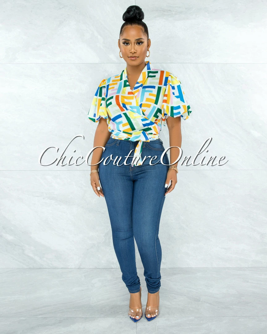 Vendor-unknown JUST IN Genet White Multi-Color Print Front Tie Bubble Sleeves Blouse