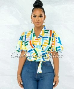 Vendor-unknown JUST IN Genet White Multi-Color Print Front Tie Bubble Sleeves Blouse