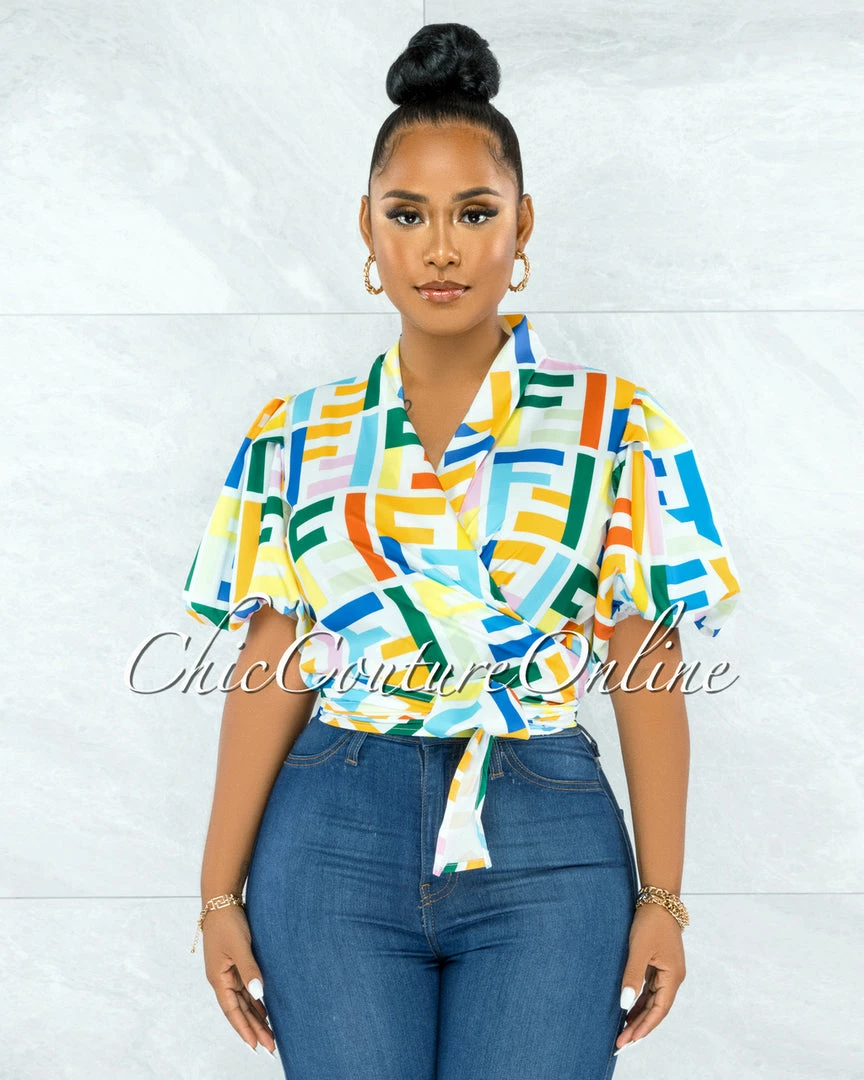 Vendor-unknown JUST IN Genet White Multi-Color Print Front Tie Bubble Sleeves Blouse