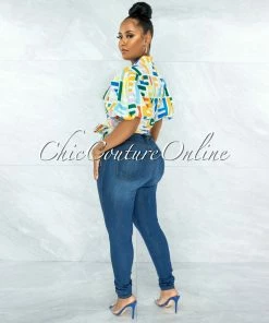 Vendor-unknown JUST IN Genet White Multi-Color Print Front Tie Bubble Sleeves Blouse