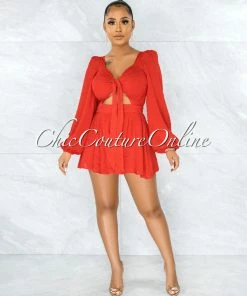 Vendor-unknown Daphnis Red Front Tie Back Lace-Up Flutter Romper