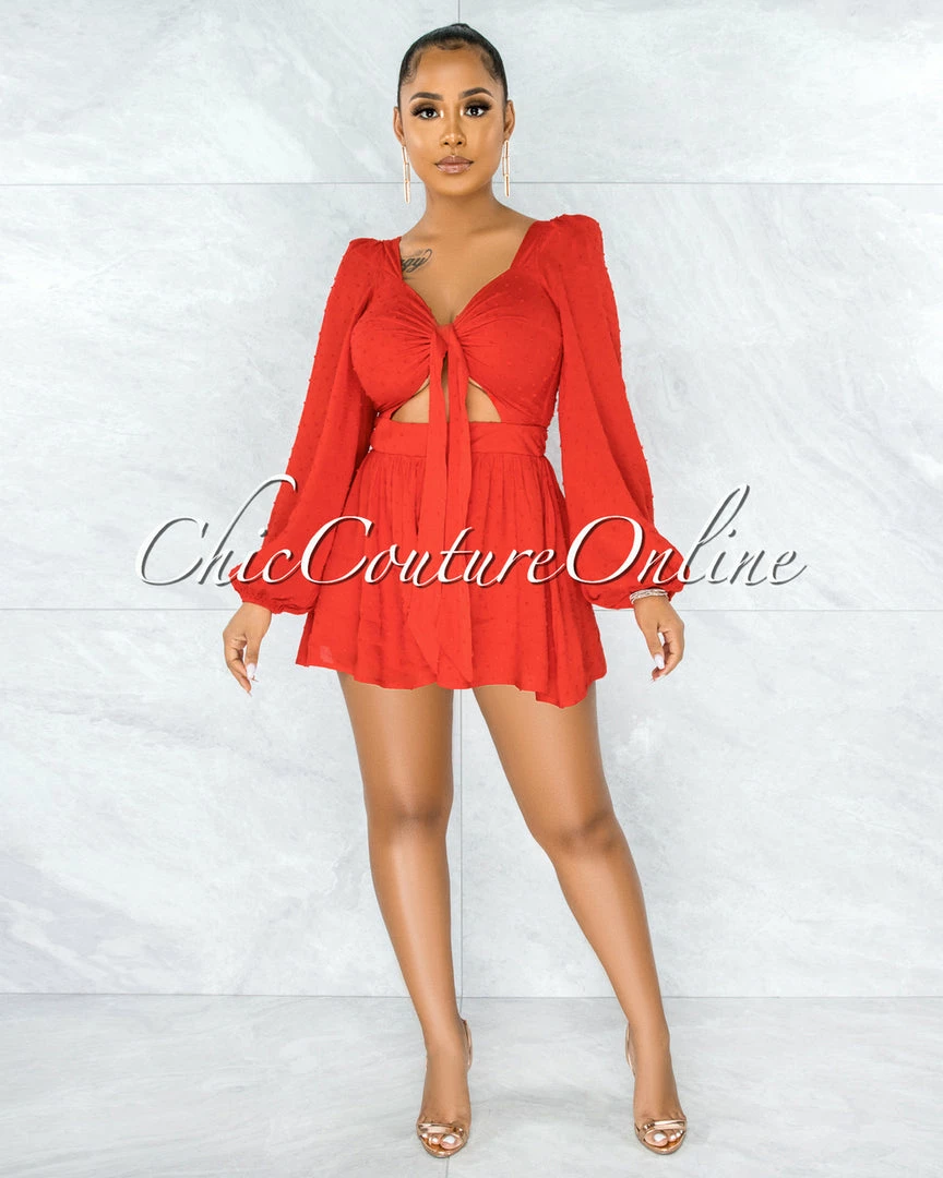 Vendor-unknown Daphnis Red Front Tie Back Lace-Up Flutter Romper