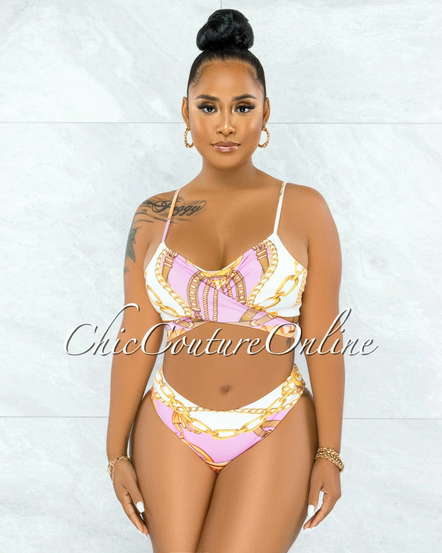 Vendor-unknown Valterra Pink Gold Print Pareo Three Piece Set Swimsuit JUST IN