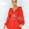 Vendor-unknown Daphnis Red Front Tie Back Lace-Up Flutter Romper