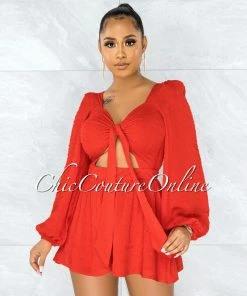Vendor-unknown Daphnis Red Front Tie Back Lace-Up Flutter Romper