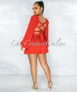 Vendor-unknown Daphnis Red Front Tie Back Lace-Up Flutter Romper