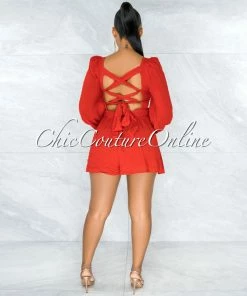 Vendor-unknown Daphnis Red Front Tie Back Lace-Up Flutter Romper