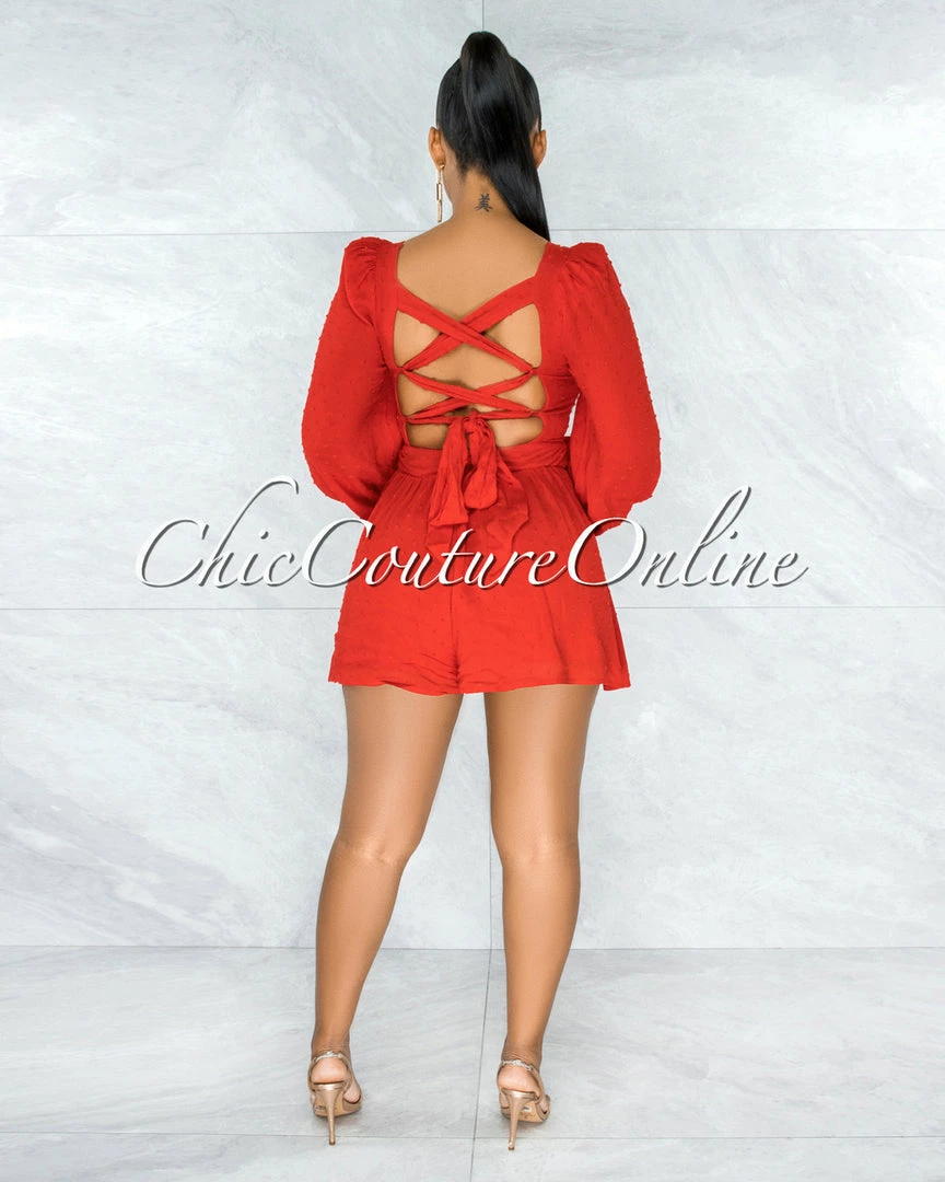 Vendor-unknown Daphnis Red Front Tie Back Lace-Up Flutter Romper