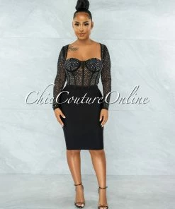 Vendor-unknown JUST IN Ibrana Black Rhinestones Mesh Crop Top