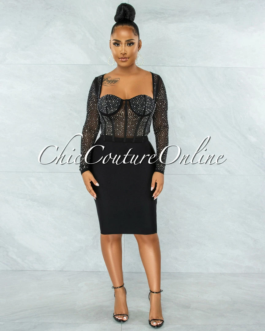 Vendor-unknown JUST IN Ibrana Black Rhinestones Mesh Crop Top