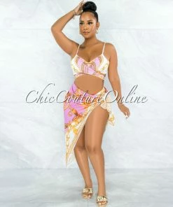 Vendor-unknown Valterra Pink Gold Print Pareo Three Piece Set Swimsuit JUST IN