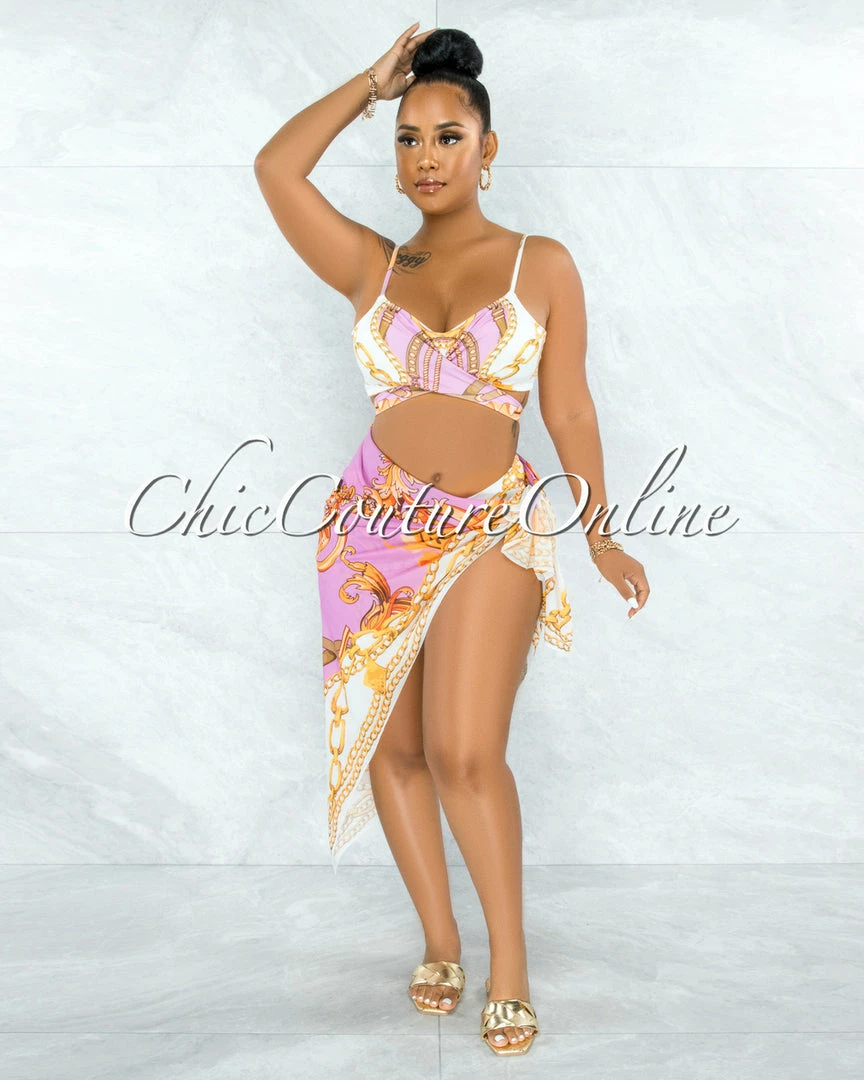 Vendor-unknown Valterra Pink Gold Print Pareo Three Piece Set Swimsuit JUST IN