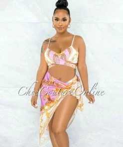 Vendor-unknown Valterra Pink Gold Print Pareo Three Piece Set Swimsuit JUST IN