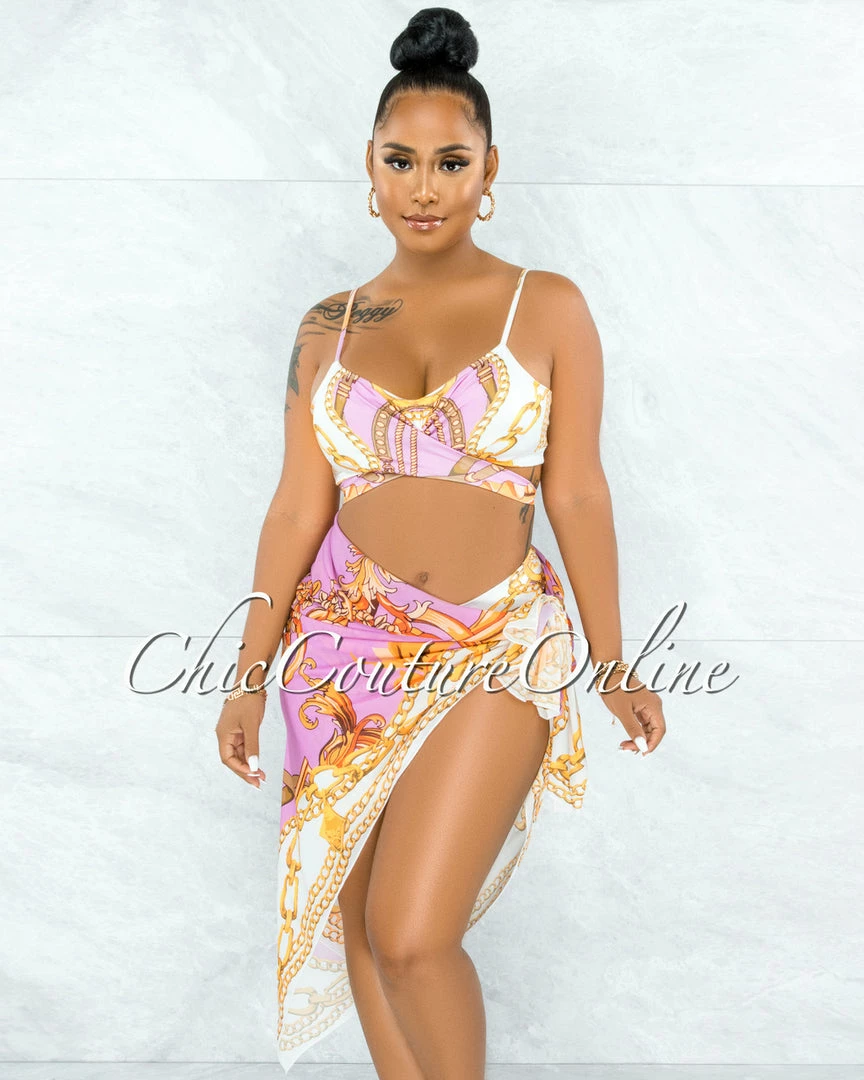 Vendor-unknown Valterra Pink Gold Print Pareo Three Piece Set Swimsuit JUST IN