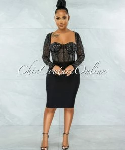 Vendor-unknown JUST IN Ibrana Black Rhinestones Mesh Crop Top