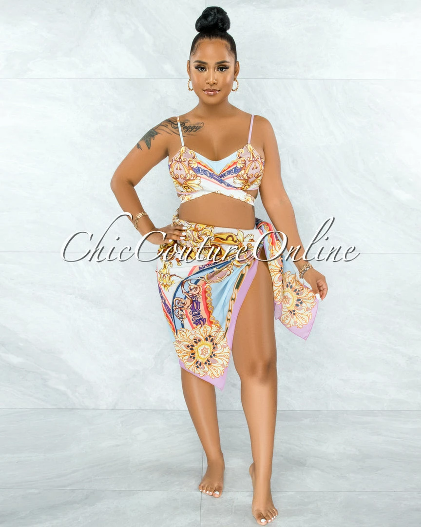 Vendor-unknown Bentley Nude Multi Print Pareo Three Piece Set Swimsuit
