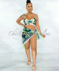 Vendor-unknown JUST IN Cedric Navy Blue Green Print Pareo Three Piece Set Swimsuit