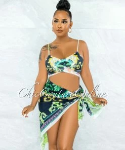 Vendor-unknown JUST IN Cedric Navy Blue Green Print Pareo Three Piece Set Swimsuit