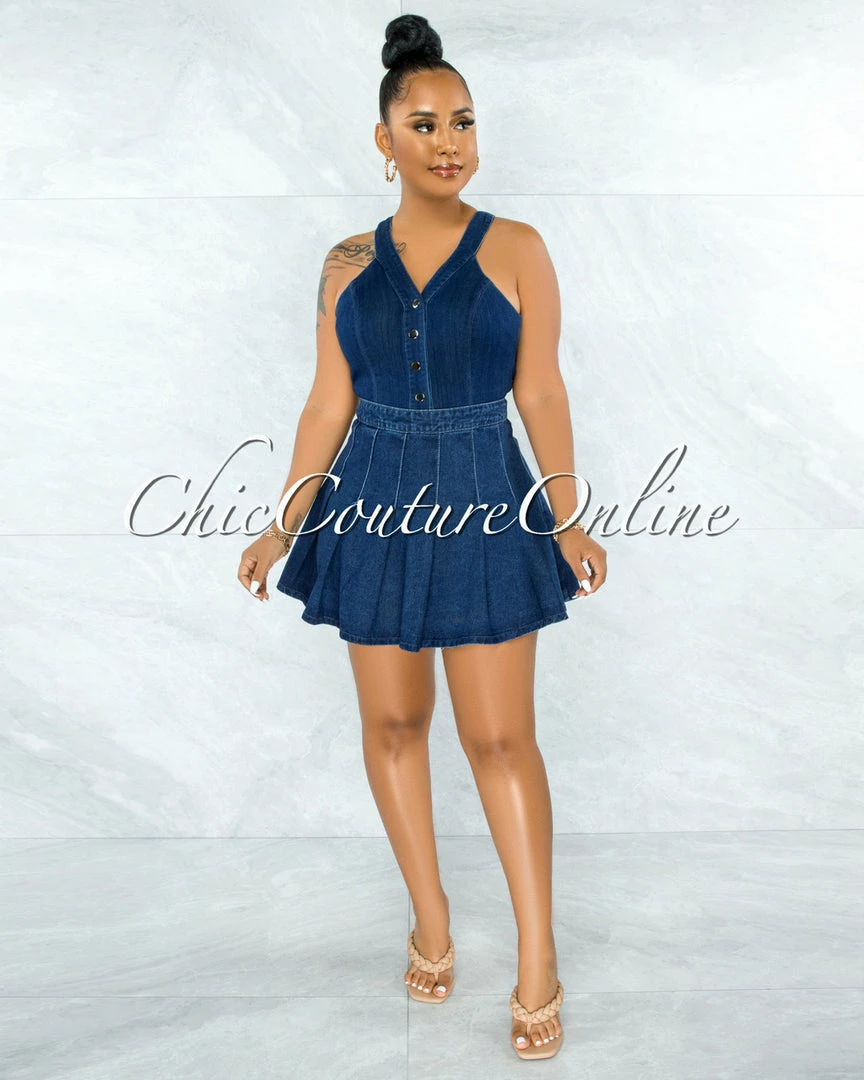 Vendor-unknown JUST IN Henny Dark Denim Bodysuit & Pleated Skirt Set