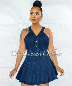 Vendor-unknown JUST IN Henny Dark Denim Bodysuit & Pleated Skirt Set
