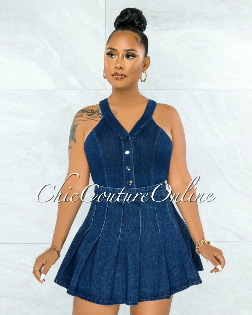 Vendor-unknown JUST IN Henny Dark Denim Bodysuit & Pleated Skirt Set