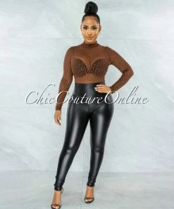 Vendor-unknown Carlanda Brown Mesh Rhinestones Bodysuit JUST IN