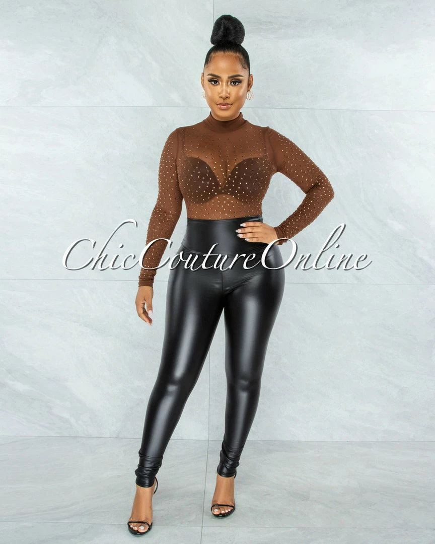 Vendor-unknown Carlanda Brown Mesh Rhinestones Bodysuit JUST IN