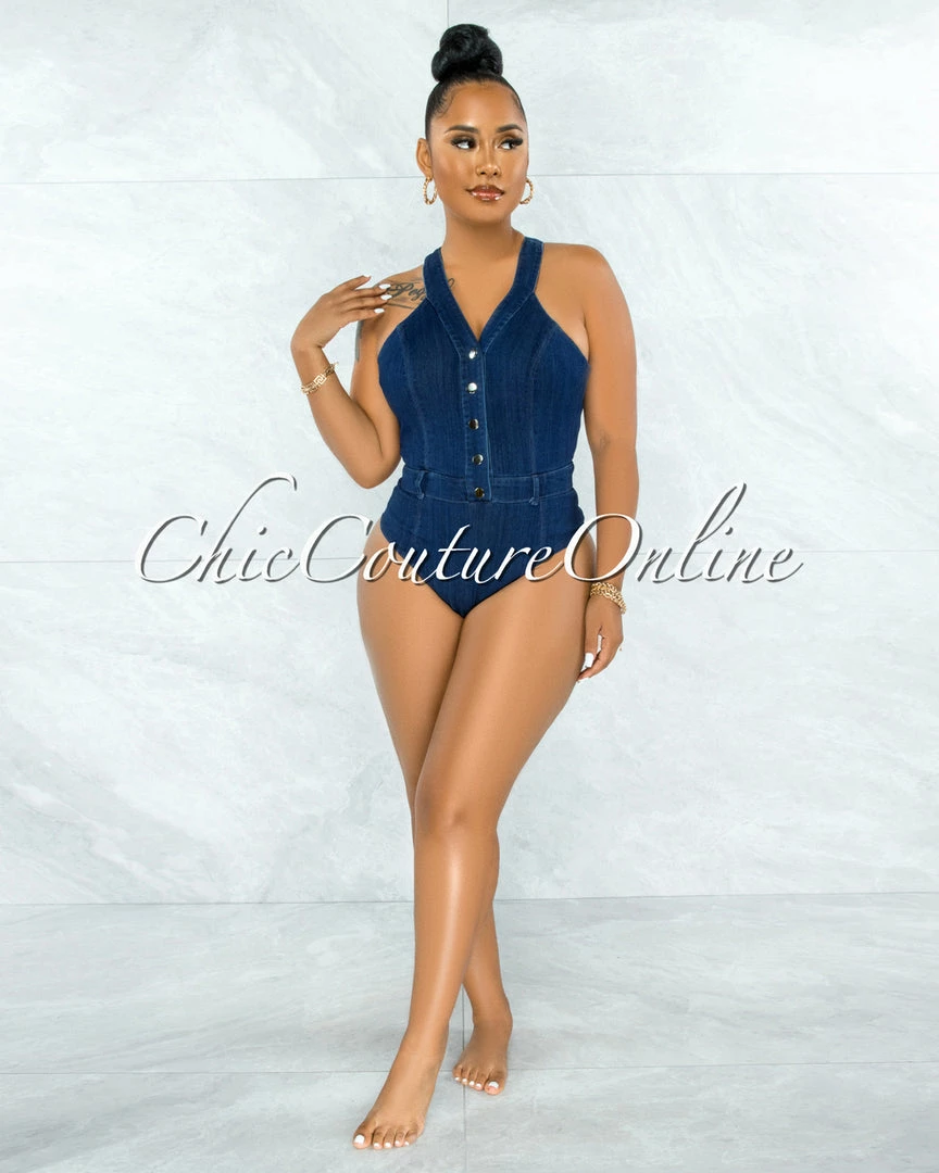 Vendor-unknown JUST IN Henny Dark Denim Bodysuit & Pleated Skirt Set