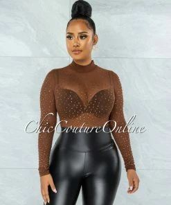 Vendor-unknown Carlanda Brown Mesh Rhinestones Bodysuit JUST IN