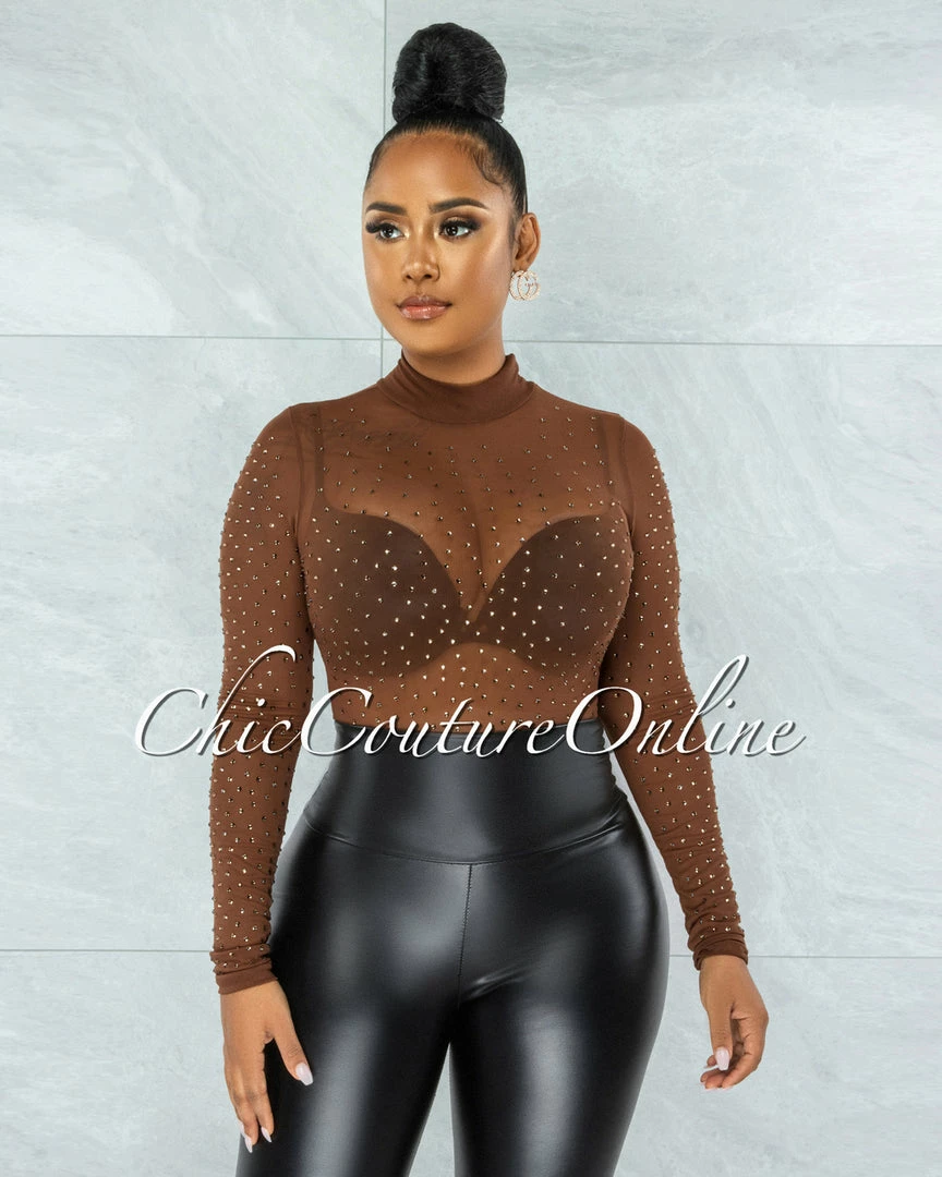Vendor-unknown Carlanda Brown Mesh Rhinestones Bodysuit JUST IN