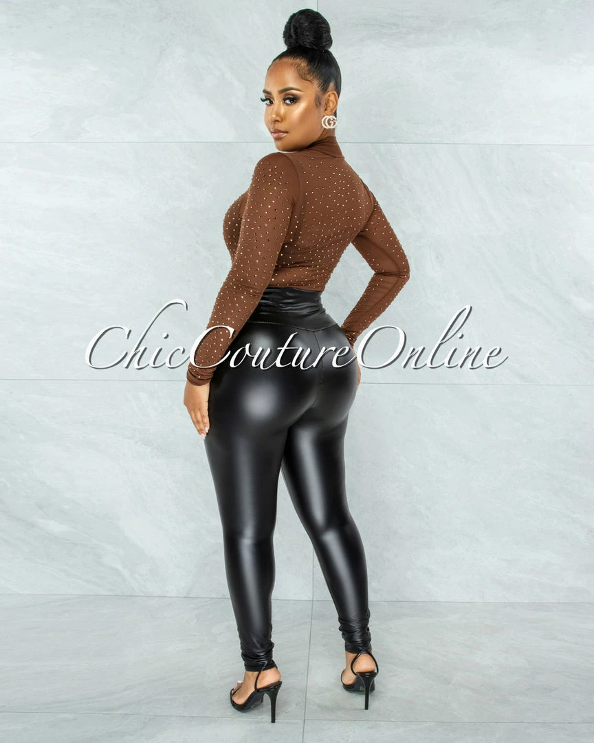 Vendor-unknown Carlanda Brown Mesh Rhinestones Bodysuit JUST IN