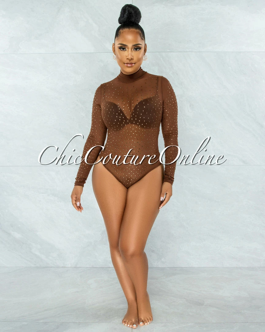 Vendor-unknown Carlanda Brown Mesh Rhinestones Bodysuit JUST IN