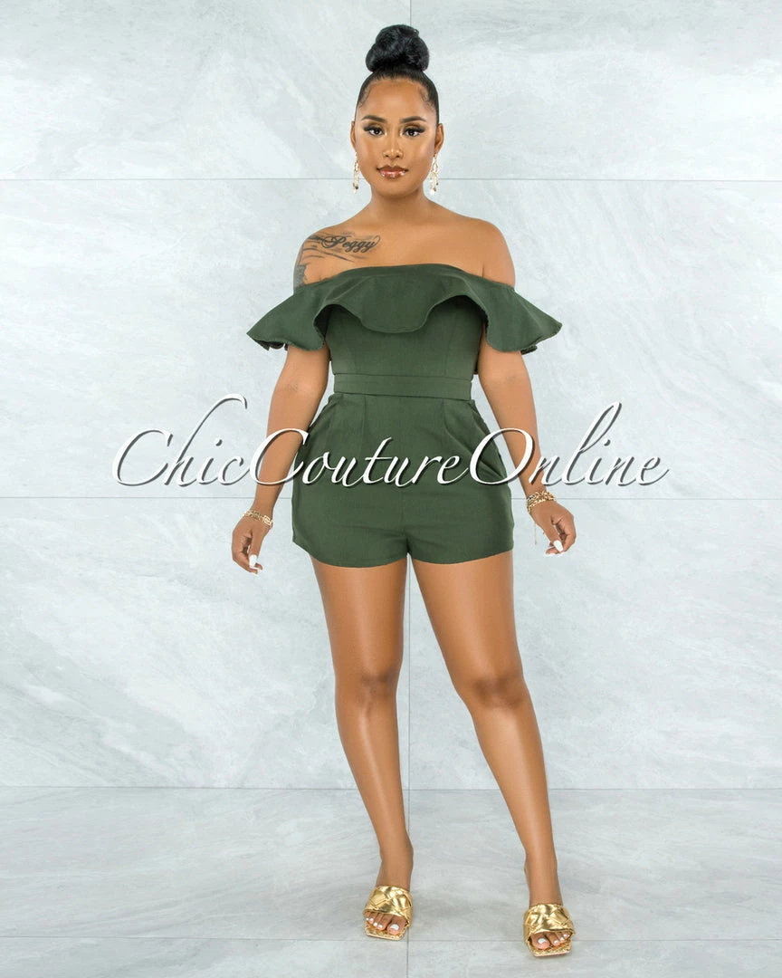 Vendor-unknown Farina Olive Green Off-The Shoulder Ruffle Denim Romper
