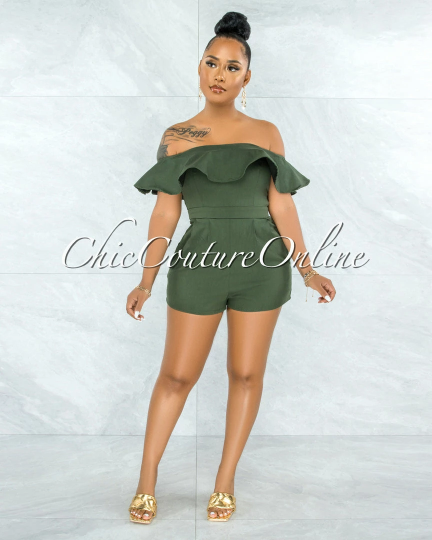 Vendor-unknown Farina Olive Green Off-The Shoulder Ruffle Denim Romper