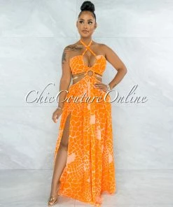 Vendor-unknown JUST IN Odahna Orange Print Cut-Out Sides Gold Link Dress