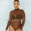 Vendor-unknown Carlanda Brown Mesh Rhinestones Bodysuit JUST IN