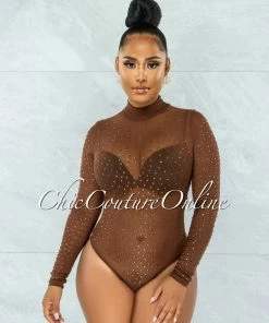 Vendor-unknown Carlanda Brown Mesh Rhinestones Bodysuit JUST IN