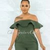 Vendor-unknown Farina Olive Green Off-The Shoulder Ruffle Denim Romper