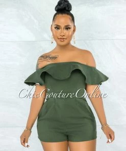 Vendor-unknown Farina Olive Green Off-The Shoulder Ruffle Denim Romper