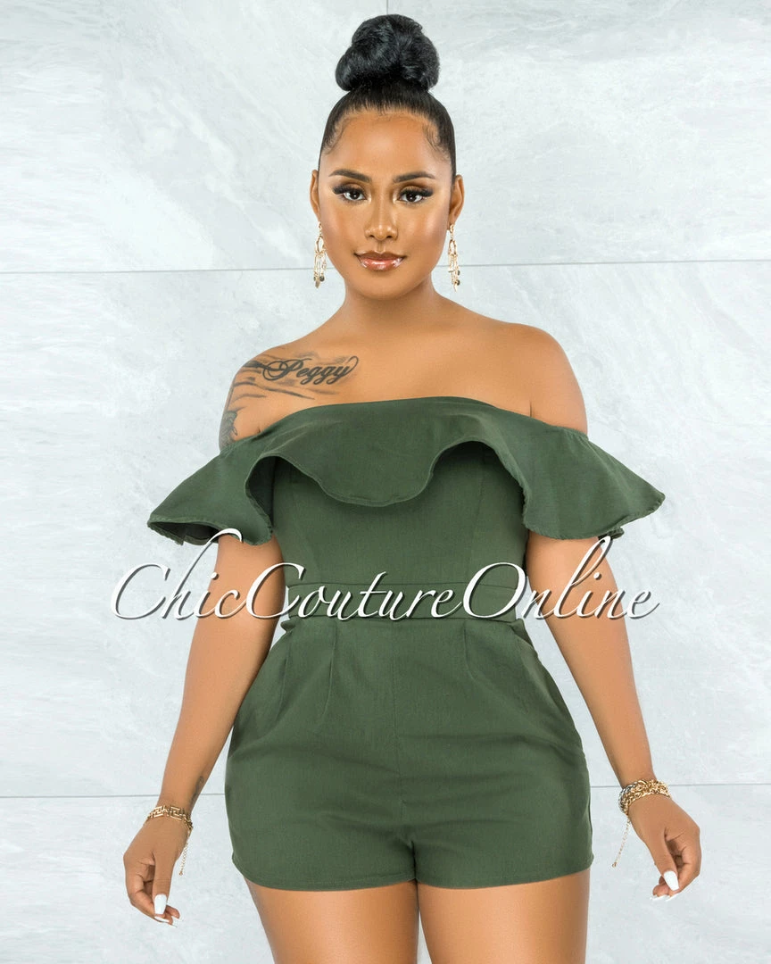 Vendor-unknown Farina Olive Green Off-The Shoulder Ruffle Denim Romper