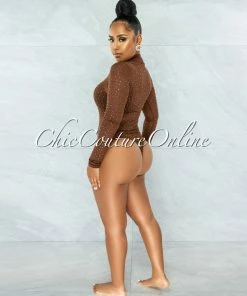 Vendor-unknown Carlanda Brown Mesh Rhinestones Bodysuit JUST IN