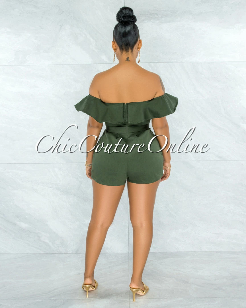 Vendor-unknown Farina Olive Green Off-The Shoulder Ruffle Denim Romper