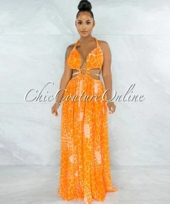 Vendor-unknown JUST IN Odahna Orange Print Cut-Out Sides Gold Link Dress