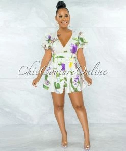 Vendor-unknown Ziva Cream Purple Green Floral Print Belted Skirt Two Piece Set JUST IN