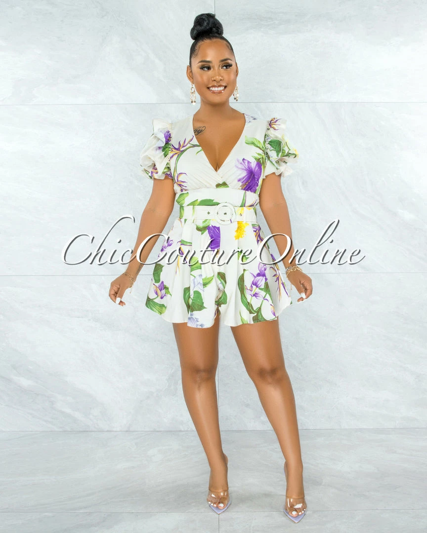 Vendor-unknown Ziva Cream Purple Green Floral Print Belted Skirt Two Piece Set JUST IN