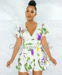 Vendor-unknown Ziva Cream Purple Green Floral Print Belted Skirt Two Piece Set JUST IN