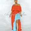 Vendor-unknown Paloma Orange Blue Pleated Asymmetrical Maxi Dress